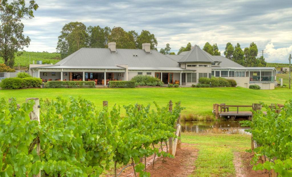 a house in the middle of a field of vines at RidgeView in Pokolbin