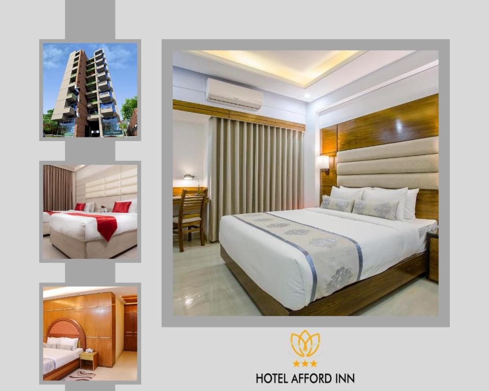 a collage of four pictures of a hotel room at Hotel Afford Inn in Dhaka