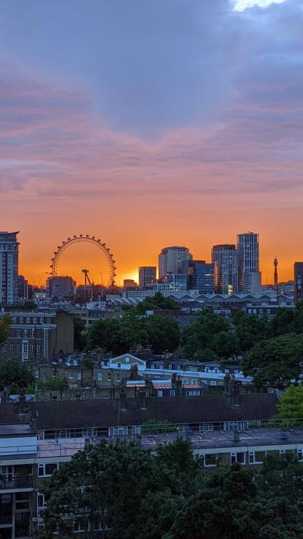 a city skyline with a ferris wheel at sunset at Prospect House in London