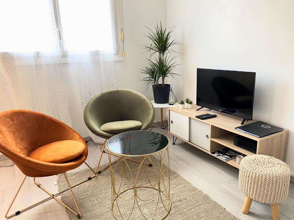 a living room with two chairs and a television at COSY in Clermont-Ferrand