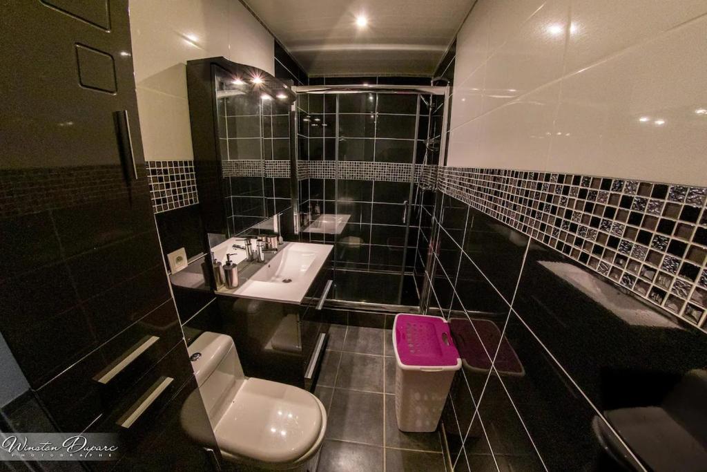 a black tiled bathroom with a sink and a toilet at COSY in Clermont-Ferrand