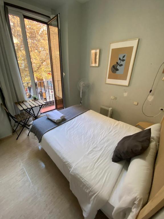 Un dormitorio con una cama grande y una ventana en Center Madrid habitaciones en Madrid