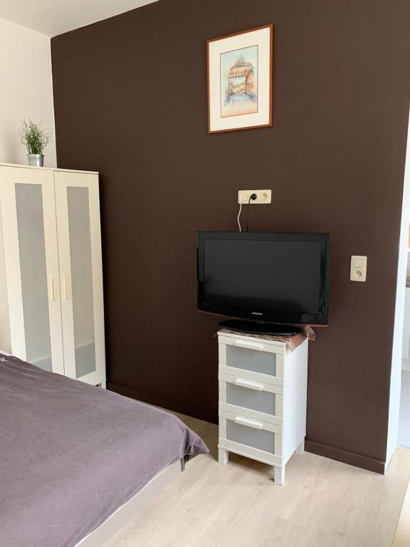 ein Schlafzimmer mit einem Bett und einem TV auf dem Tisch in der Unterkunft Cocon in Jumet