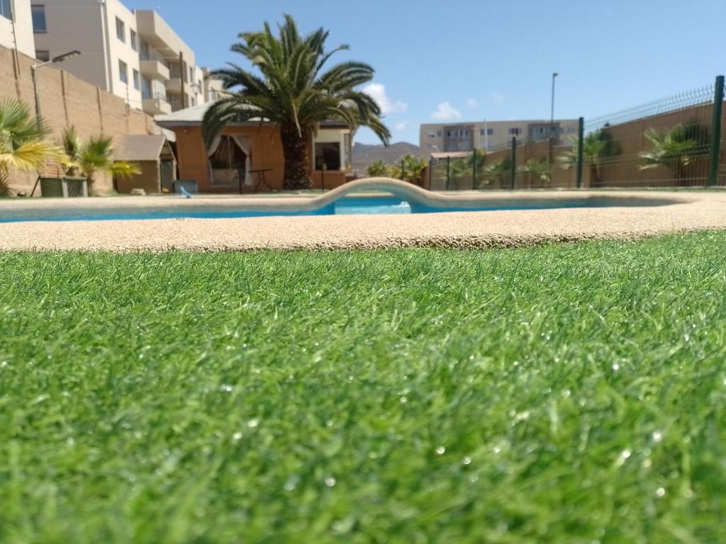 una piscina con prato verde e edifici di Cabañas con piscina donde Thomas a La Serena