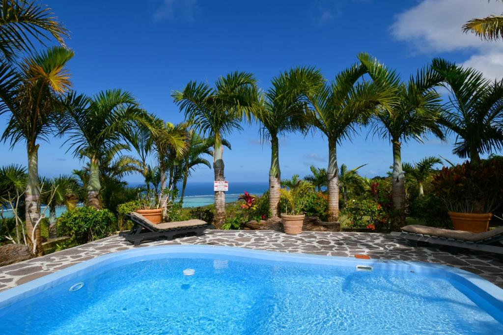einen Pool mit Palmen und dem Meer im Hintergrund in der Unterkunft Fenetre sur Mer in Rodrigues Island