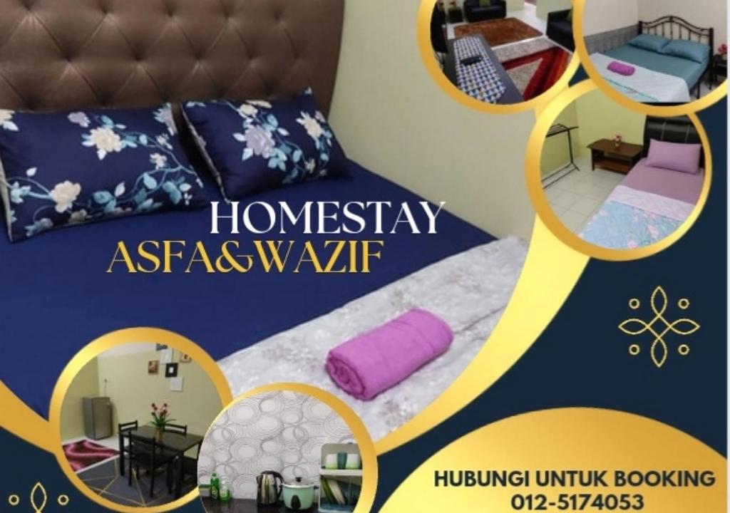 a poster of a bedroom with a bed and a room with a bed sqor at Homestay Asfa&Wazif in Arau