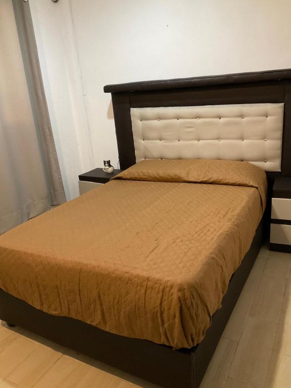 1 dormitorio con 1 cama grande y cabecero de madera en Coyoacán mágico, en Ciudad de México