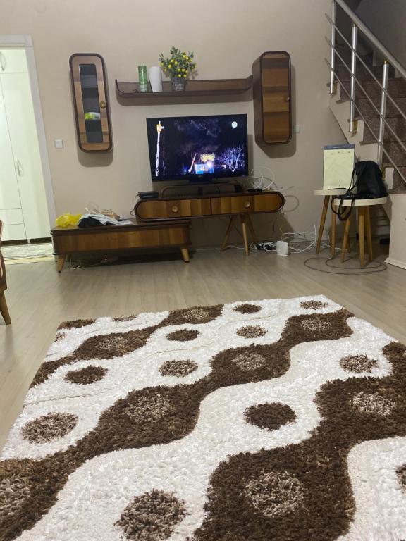 a living room with a black and white rug and a television at Vadi istanbul a çok yakın in Istanbul