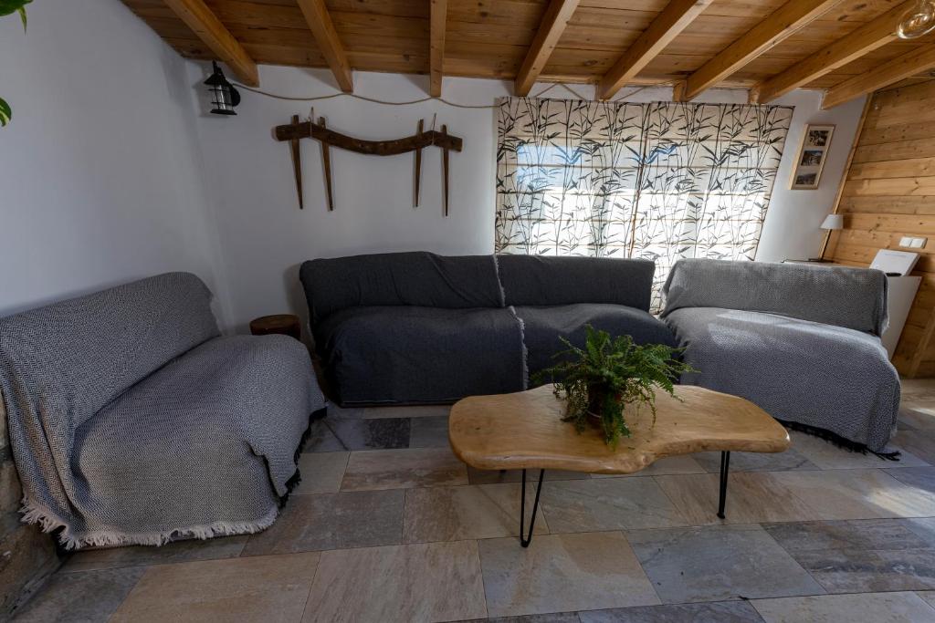 a living room with two couches and a table at La Consentida in La Cabrera