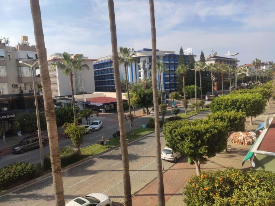 a view of a street with palm trees and buildings at Alanya merkez Kleopatra plajinda in Alanya