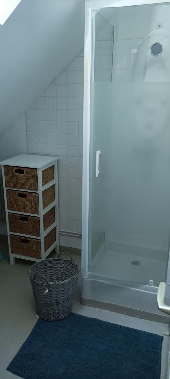 a bathroom with a shower and a sink and a basket at L&#39;auberge 10 à 15 pers 30min zoo beauval chambord cheverny in Langon