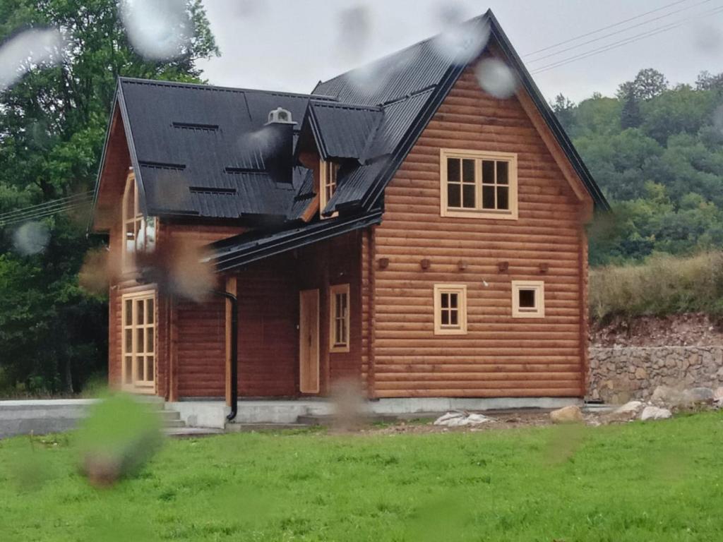 a wooden house with a black roof at Anna's Mountain House in Kolašin