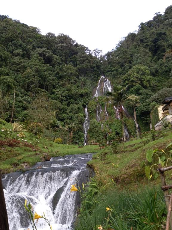 a waterfall on the side of a mountain at Apartamento thecanarys in Santa Rosa de Cabal