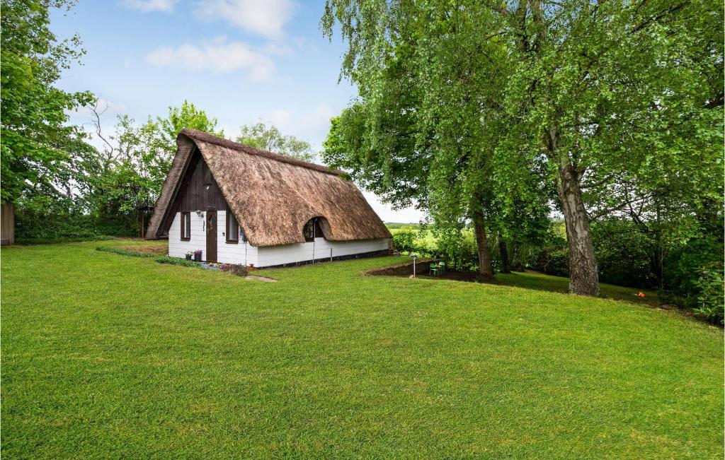a barn with a thatched roof in a field of grass at Stunning Home In Lgstrup With Kitchen in Løgstrup