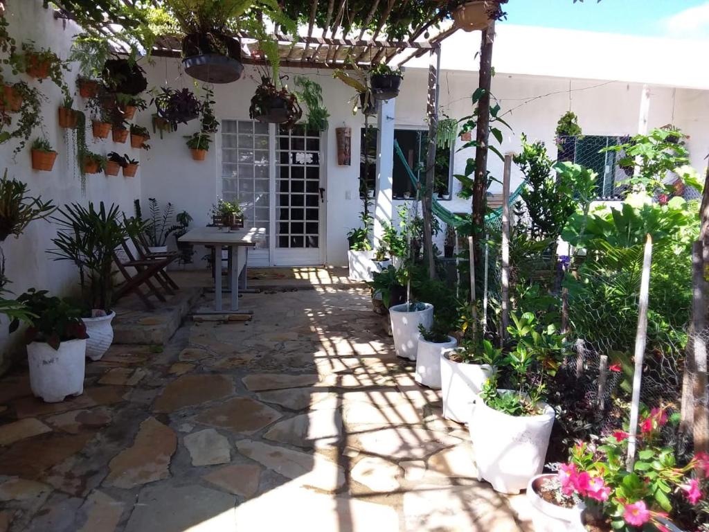 a garden with potted plants on a patio at Casa em São Thomé das Letras in São Thomé das Letras