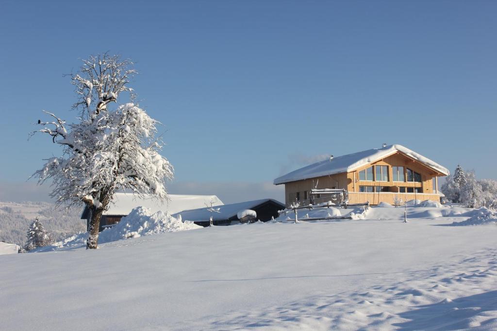 una baita di tronchi nella neve con un albero di Nahturhof - Urlaub am Bauernhof natürlich erleben a Krumbach