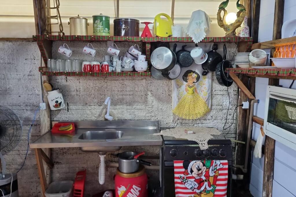 uma cozinha com um lavatório e um balcão com pratos em VELHO OESTE Carruagens, Casa Inteira !! em Matinhos