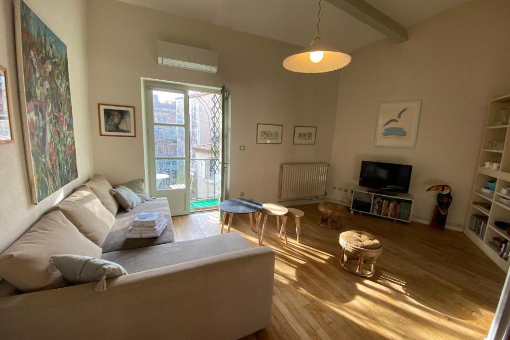 a living room with a couch and a tv at L'Ilot Littré-coeur de ville avec balcon in Nîmes