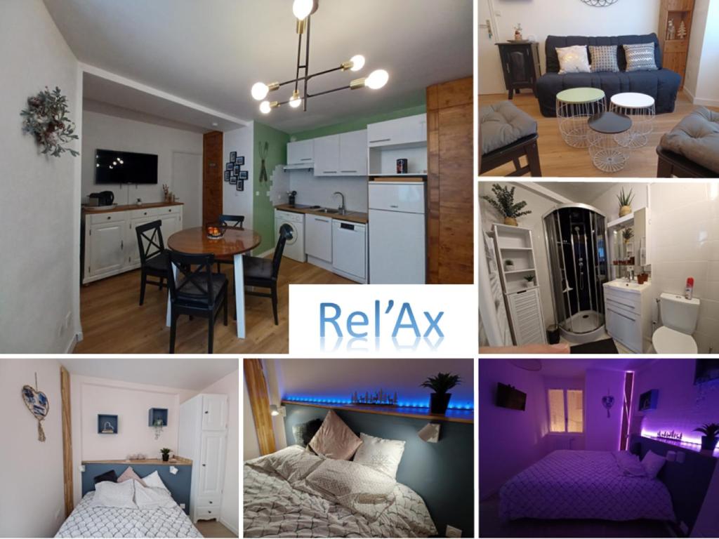 a collage of pictures of a kitchen and a living room at REL'AX - T2 - Plein coeur Ax - Literie de qualité - Wifi - 200m télécabine in Ax-les-Thermes