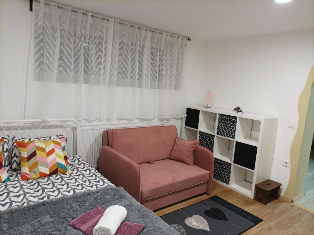ein Wohnzimmer mit einem Stuhl und einem Sofa in der Unterkunft Apartma Juli in Žirovnica