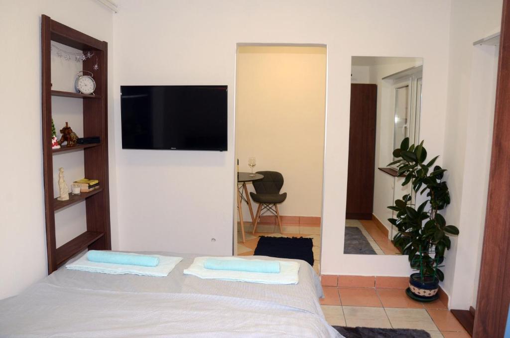 een slaapkamer met een bed en een flatscreen-tv bij Dorcoleta Apartment in Belgrado
