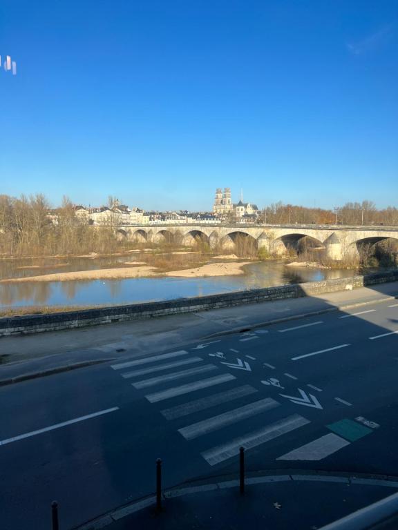 a view of a river with a bridge in the background at Cosy Loire, T2 neuf, front de Loire ,vue cathédrale,5min à pied centre ville et parking privé in Orléans