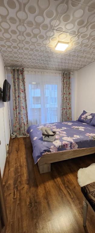 - une chambre avec un lit doté de draps et de rideaux violets dans l'établissement The House, à Oradea