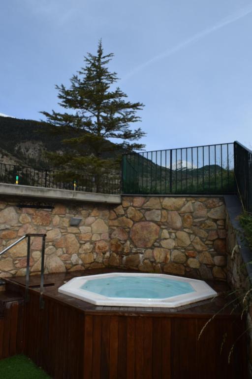 bañera de hidromasaje en una pared de piedra con un árbol en Obaga Blanca & Spa, en Canillo