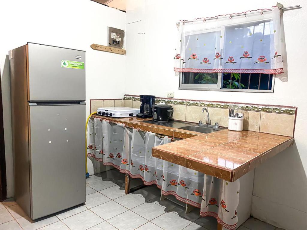 uma cozinha com um frigorífico e um lavatório em Apartamento em Aguas Zarcas