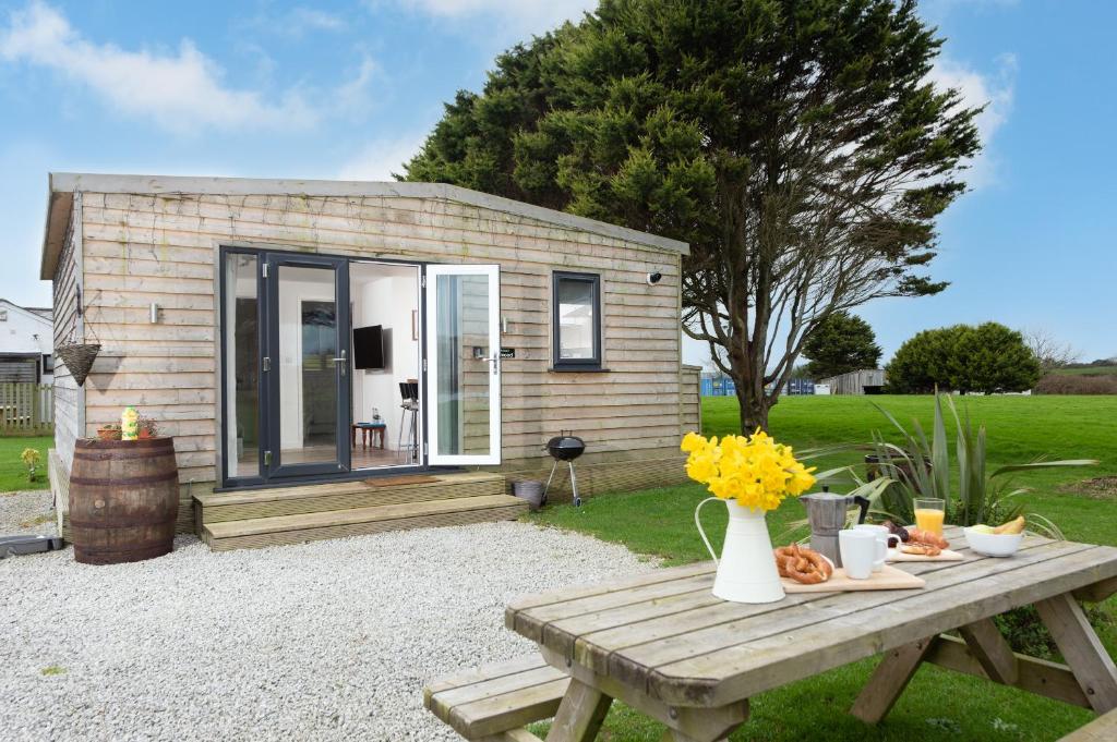 a tiny house with a picnic table in front of it at Bushwood-Beautifully Fitted Wooden Lodge Helston Cornwall in Helston