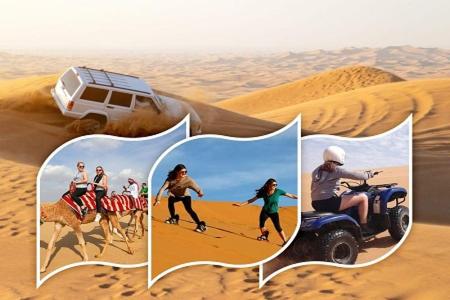 een groep mensen op een kameel in de woestijn bij Desert Safari Dubai Tour Chemist in Dubai