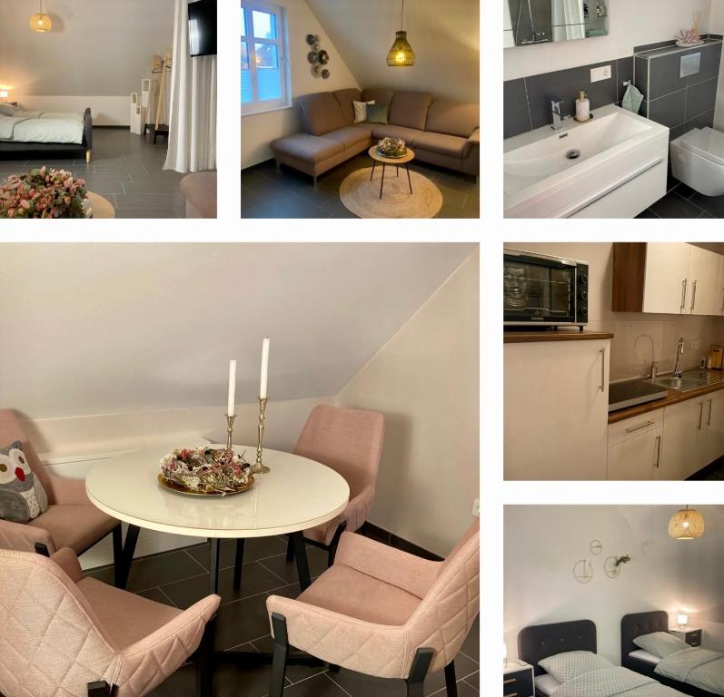 a collage of photos of a kitchen and a living room at Gemütliche Wohnung in Ahaus