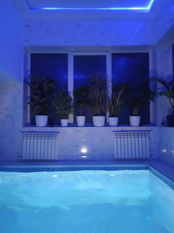 una piscina por la noche con macetas en Mardakan Villa, en Baku