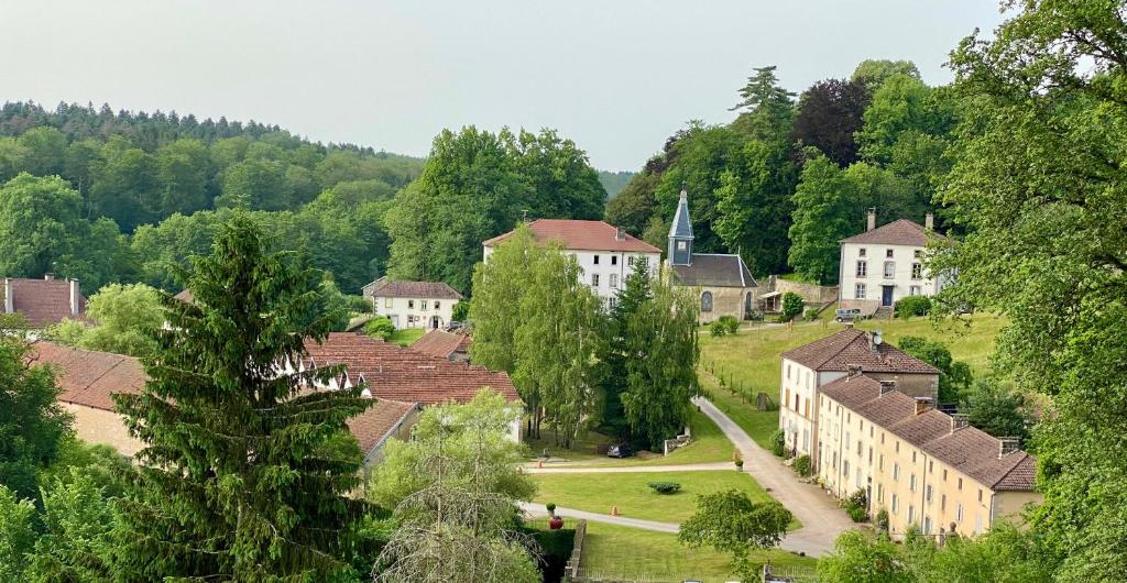 an aerial view of a village with houses and trees at La Manufacture Royale de Bains in Bains-les-Bains