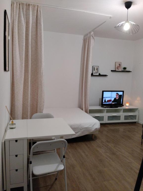 une chambre avec un lit, un bureau et une télévision dans l'établissement Le cercle doré, à Toulouse