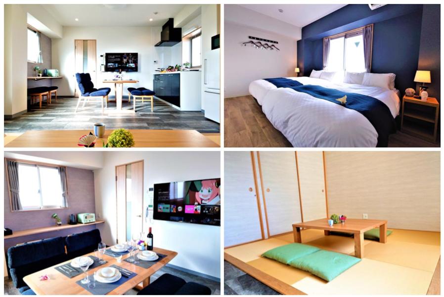 three different pictures of a bedroom and a living room at GLANZ KEI Kyoto Station in Kyoto