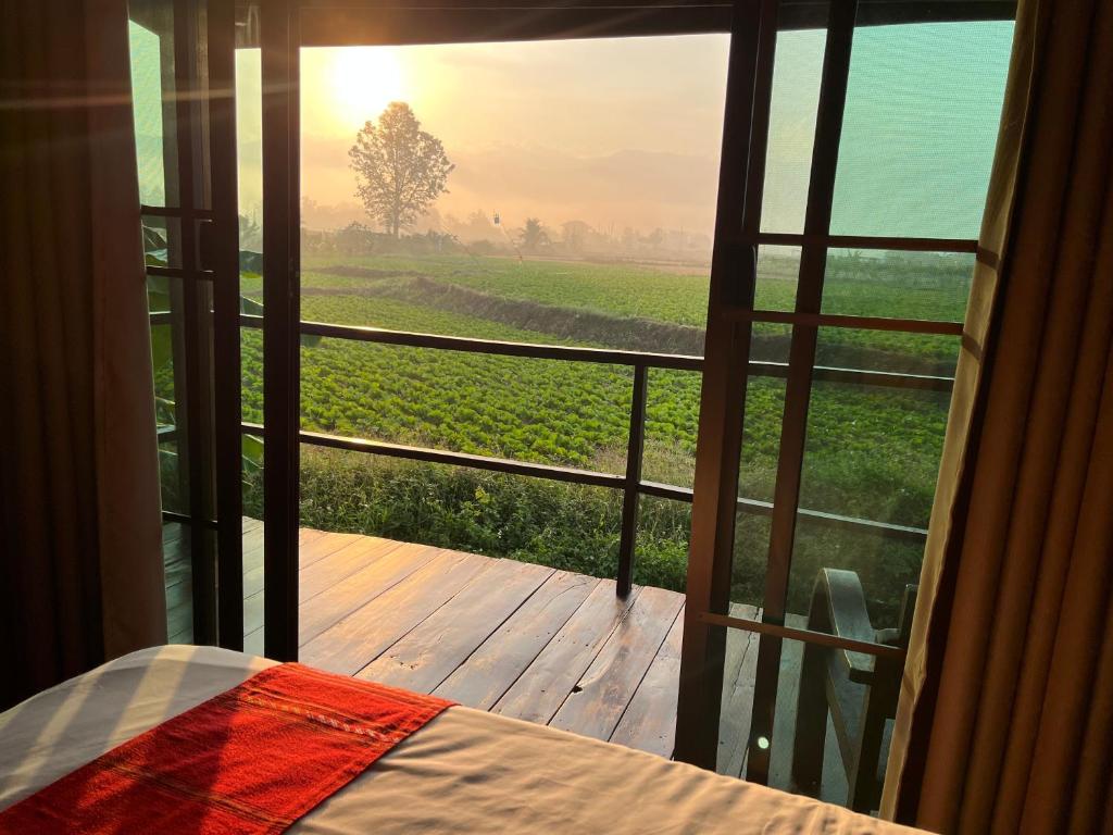 ナーンにあるPang Chompuのベッド付きの客室で、野原の景色を望めます。