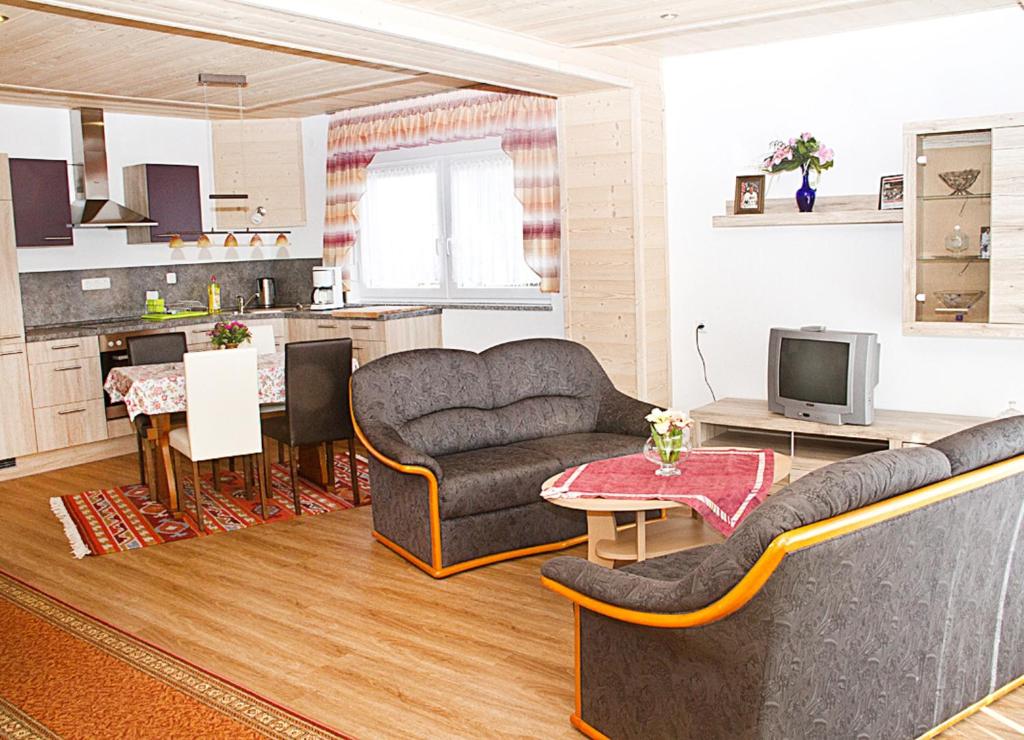 a living room with two couches and a kitchen at Ferienwohnung Ahne in Selb