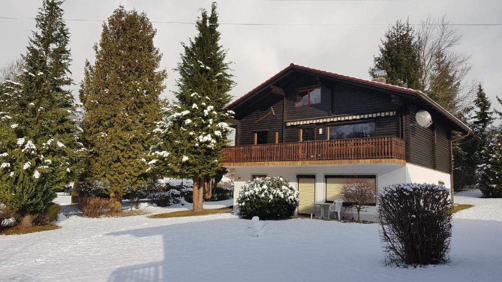 a wooden house with a balcony in the snow at FeWo H.Reußwig in Arrach