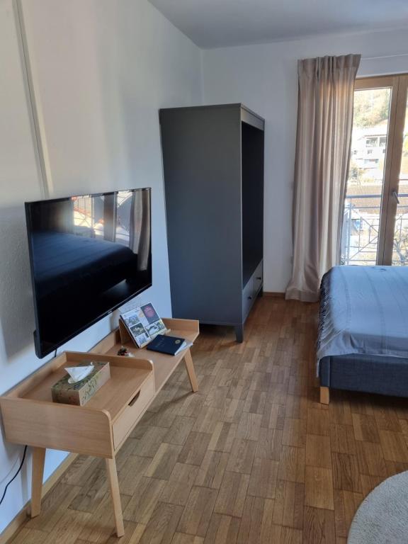 a living room with a tv and a bed and a table at Ferienwohnung Tostner Burgblick in Feldkirch