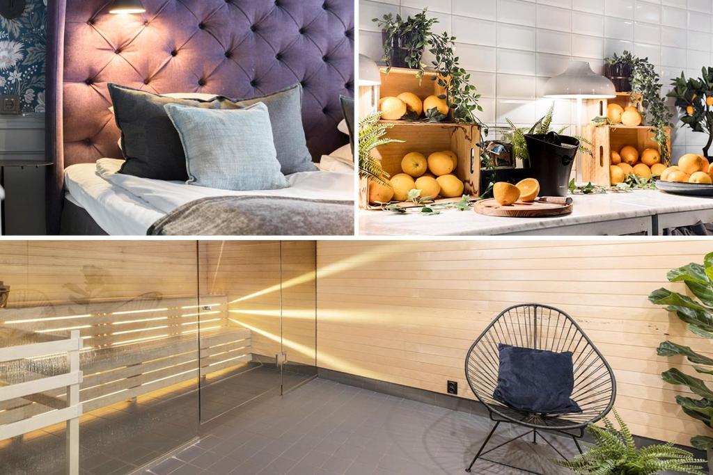 2 fotos de un dormitorio con una cama y una cesta de fruta en Best Western Princess Hotel, en Norrköping