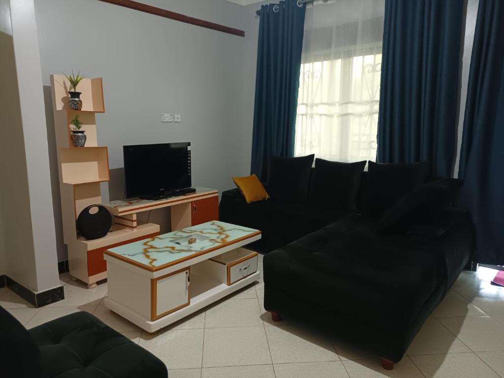 a living room with a black couch and a tv at the sanctuary apartment in Namulanda