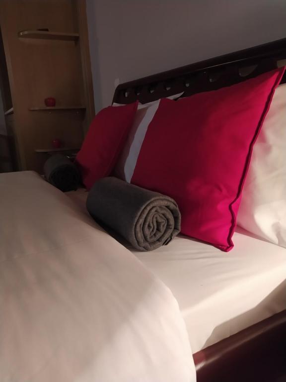 a bed with two pillows on top of it at STYGA APARTMENTS in Kalavrita