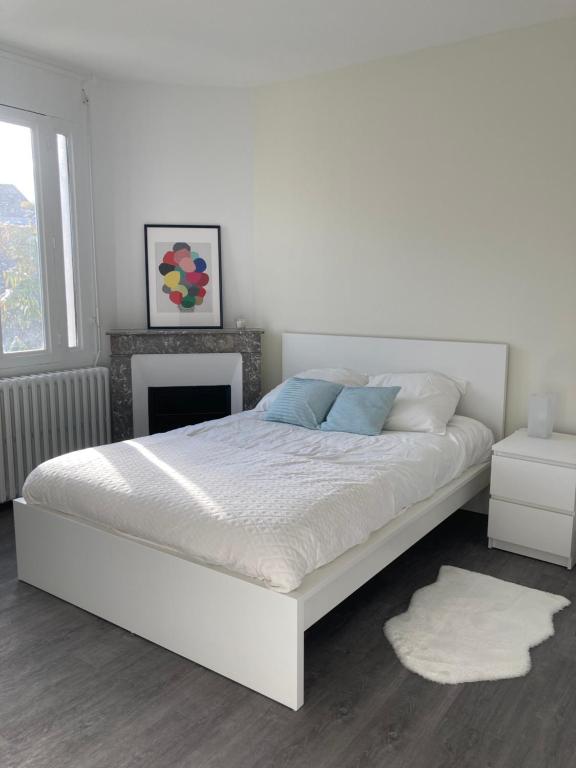 a white bedroom with a white bed and a fireplace at Coliving salle de sport vidéprojection proxi gare in Agen