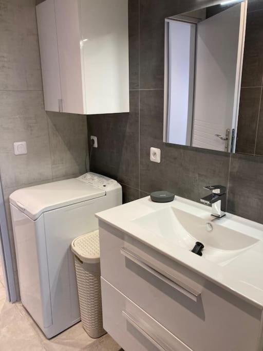 La salle de bains est pourvue d'un lavabo, de toilettes et d'un miroir. dans l'établissement Cap Sud,apt 4p,vue mer,pr plage, au Lavandou