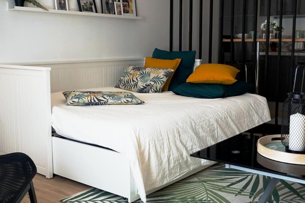 - un lit avec des oreillers colorés dans l'établissement LE KENNEDY 1 - Studio proche hôpital, à Châteauroux