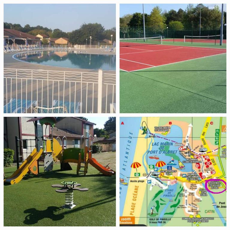 Quatre photos différentes d'une aire de jeux et d'un court de tennis dans l'établissement CARPE DIEM - La Villa des Vacances, à Soustons