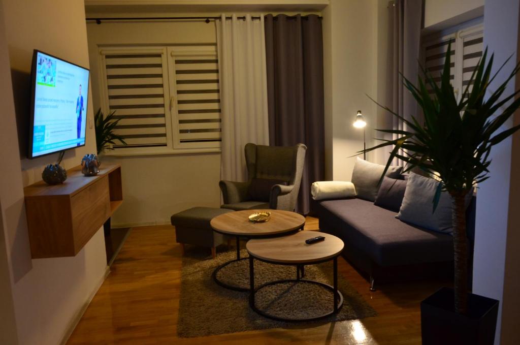 sala de estar con sofá, mesa y TV en Apartament Gwiazda 303, en Krynica-Zdrój