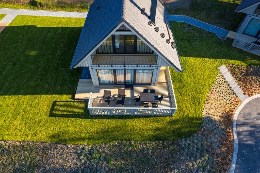 an aerial view of a house with a roof at Alm-Chalet Premium in Clausthal-Zellerfeld