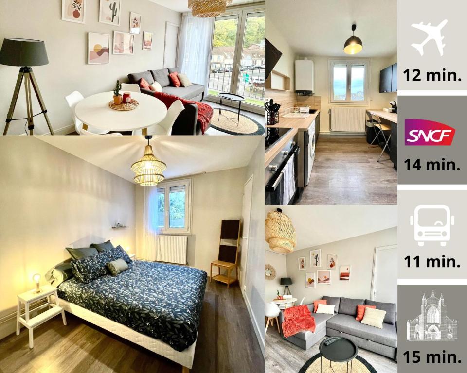 een collage van foto's van een woonkamer en een slaapkamer bij Idéal gare aéroport centre-ville Beauvais in Beauvais
